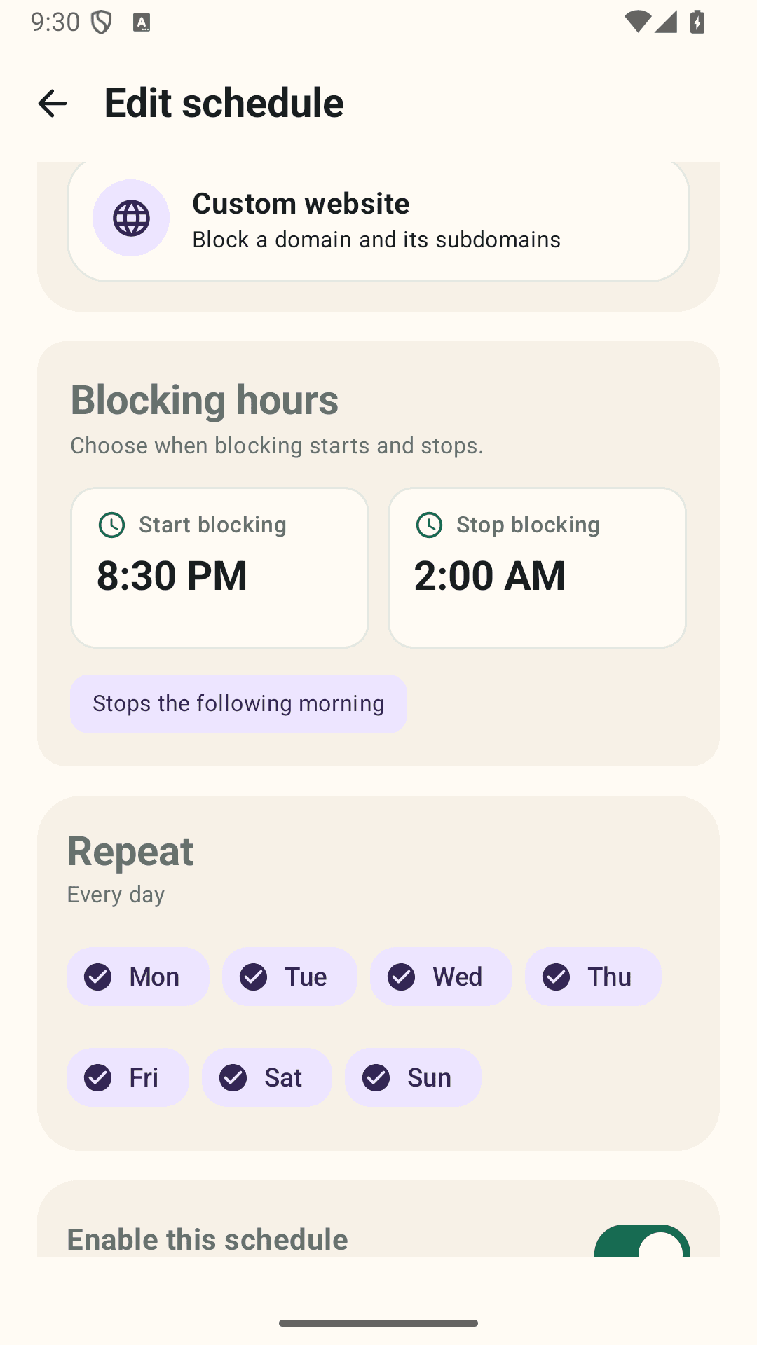Set blocking hours and the days your schedule repeats.